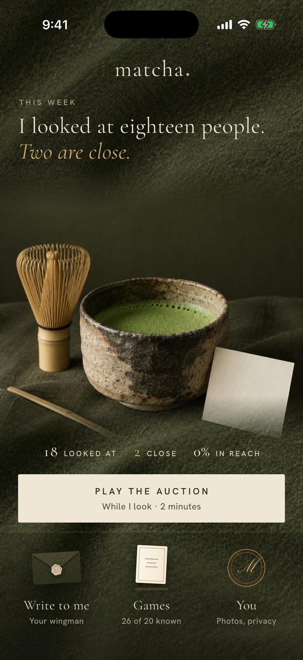 Matcha: I looked at eighteen people. Two are close.